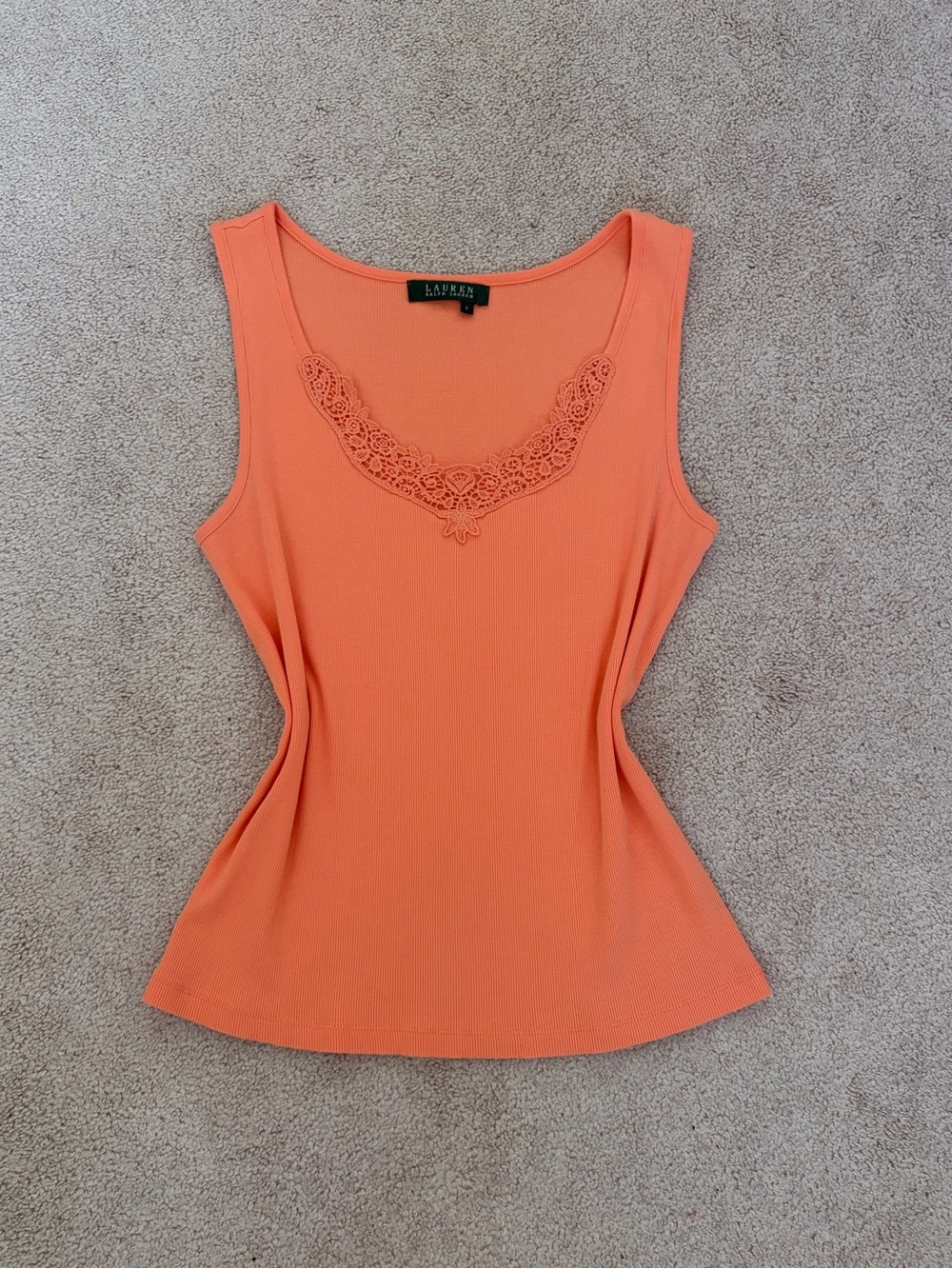 Lauren Ralph Lauren Lace-Trim Ribbed Knit Scoop Neck Orange Tank Top - Large